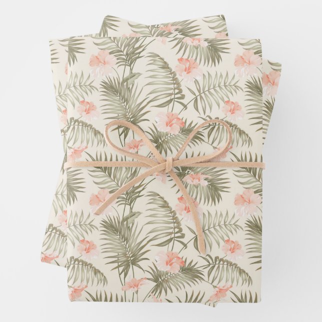 Tropical Hisbiscus Palm Tree Pattern Wrapping Paper Sheets (In situ)