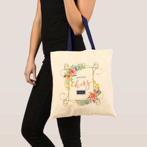 Tropical Holiday Cheers Colorful  Gold Frame Tote Bag