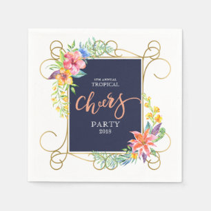 Tropical Holiday Cheers Flowers & Gold Frame Napkins