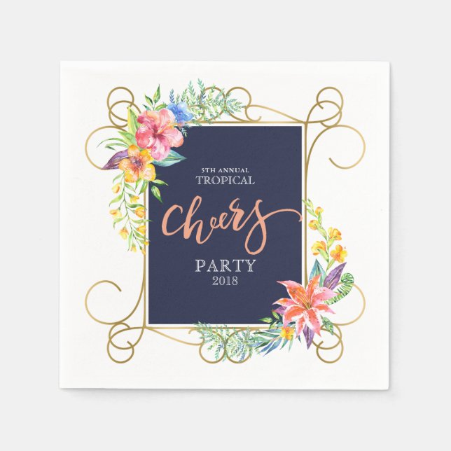 Tropical Holiday Cheers Flowers & Gold Frame Napkins (Front)