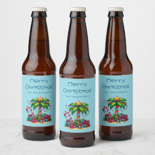 Tropical Holiday Palm Tree Merry Christmas Beer Bottle Label