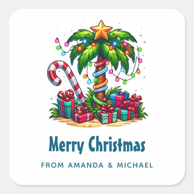 Tropical Holiday Palm Tree Merry Christmas Square Sticker (Front)