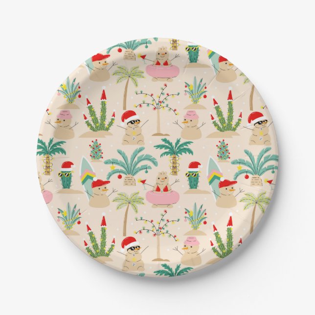 Tropical Holiday Vibes Christmas Pattern Paper Plates (Front)