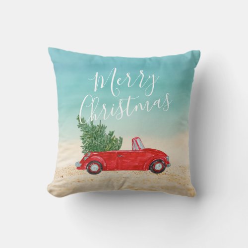 Tropical Holiday Vintage Red Car Christmas Tree Throw Pillow