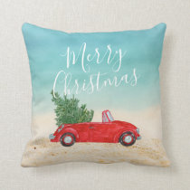 Tropical Holiday Vintage Red Car Christmas Tree Throw Pillow