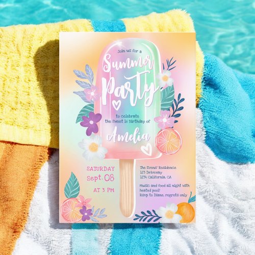 Tropical holographic summer pool party Sweet 16 Invitation