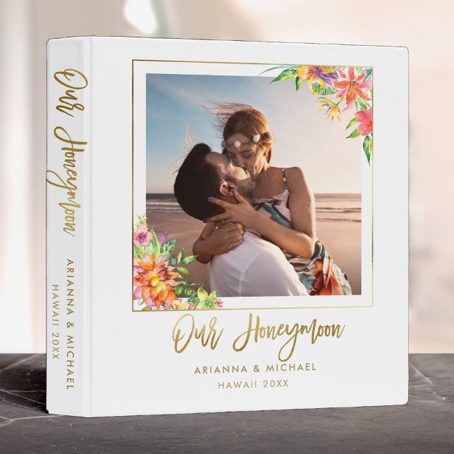 Tropical Honeymoon Gold Hand-lettered Chic Photo 3 Ring Binder (Creator Uploaded)