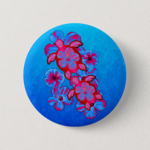 Tropical Honu Turtles And Hibiscus Flowers Button