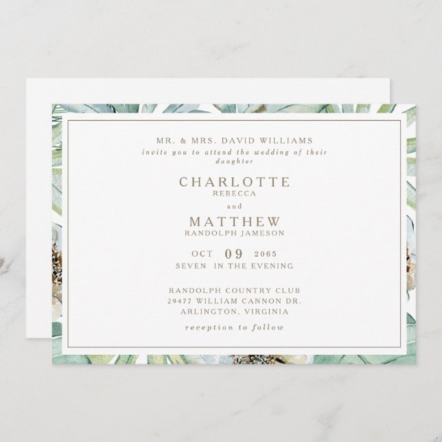 Tropical Horizontal Gold White Wedding Invitation (Front/Back)