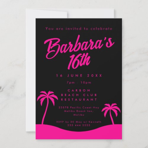 Tropical Hot Pink Black Beach Teen Girl Sweet 16 Invitation