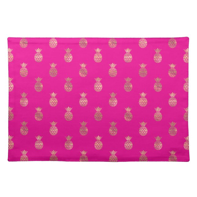 Tropical Hot Pink Faux Gold Pineapple Pattern Cloth Placemat (Front)