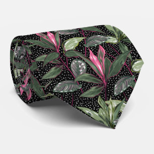 Tropical Hot Pink Flowers and Leaves Dots on Black Neck Tie