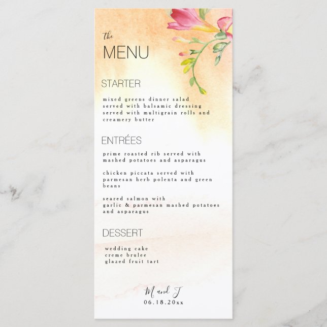 Tropical Hot Pink Freesia Watercolor Menu (Front)
