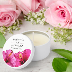 Tropical hot pink hibiscus flower jungle wedding mini candle favors