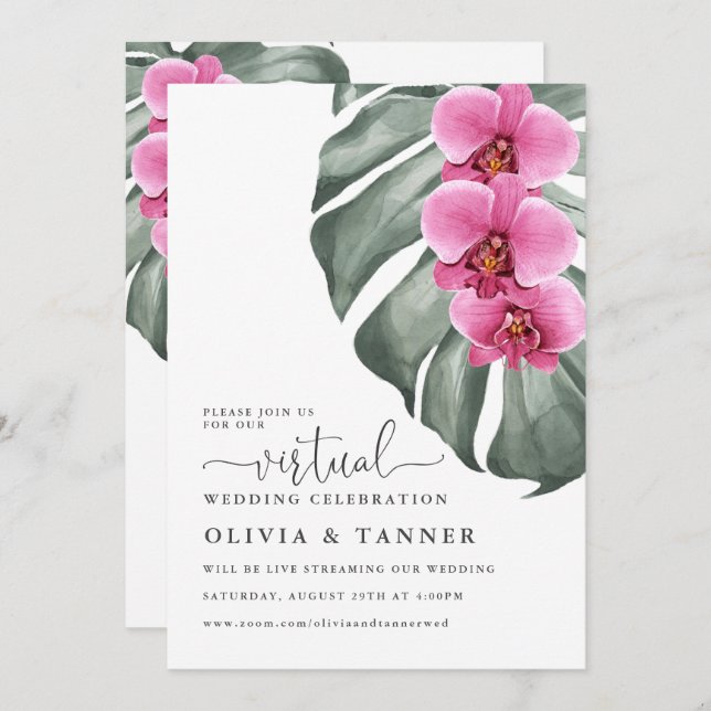Tropical Hot Pink Orchids Virtual Wedding Invitation (Front/Back)