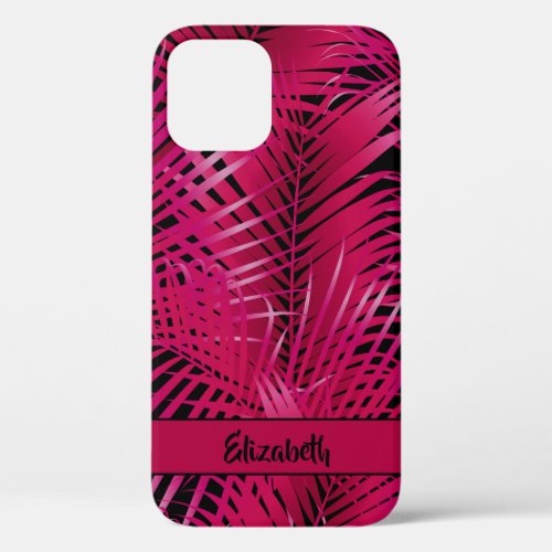 Tropical Hot Pink Palm Fronds Personalized Name iPhone 12 Case