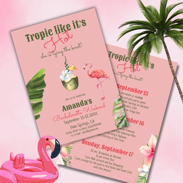 Tropical Hot Pink Palm Springs Bachelorette Party Invitation (Creator Uploaded)