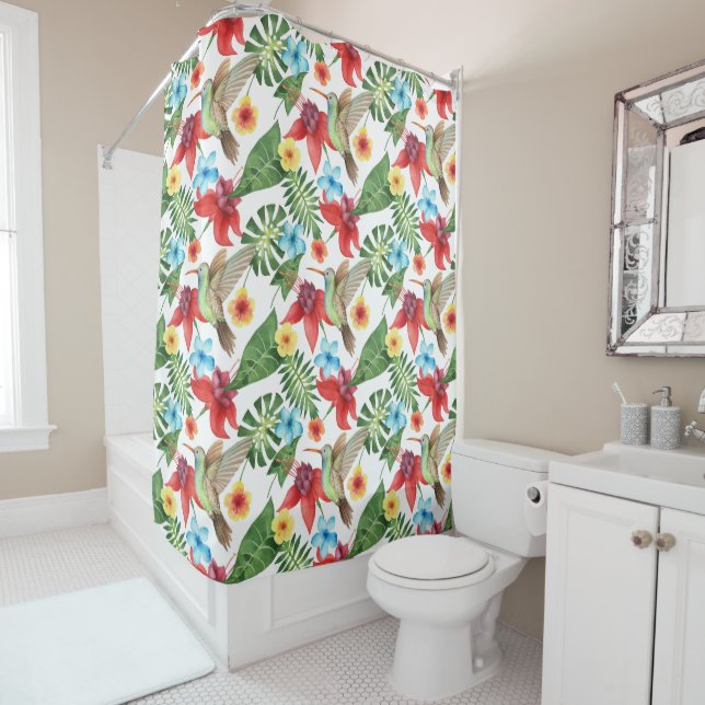 Tropical Hummingbird Shower Curtain (In Situ)