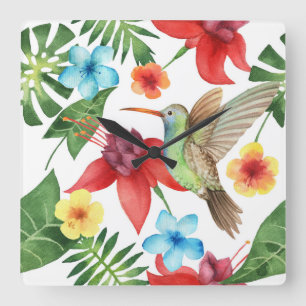 Tropical Hummingbird Square Wall Clock