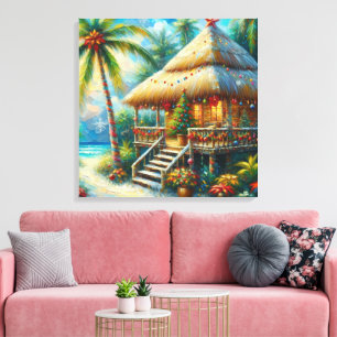 Tropical Hut Christmas Palm Tree Beach Lights Canvas Print