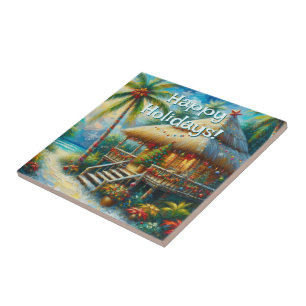 Tropical Hut Christmas Palm Tree Beach Lights  Ceramic Tile