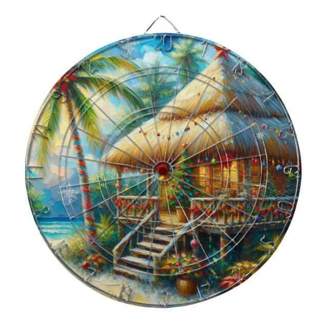 Tropical Hut Christmas Palm Tree Beach Lights  Dart Board (Front)