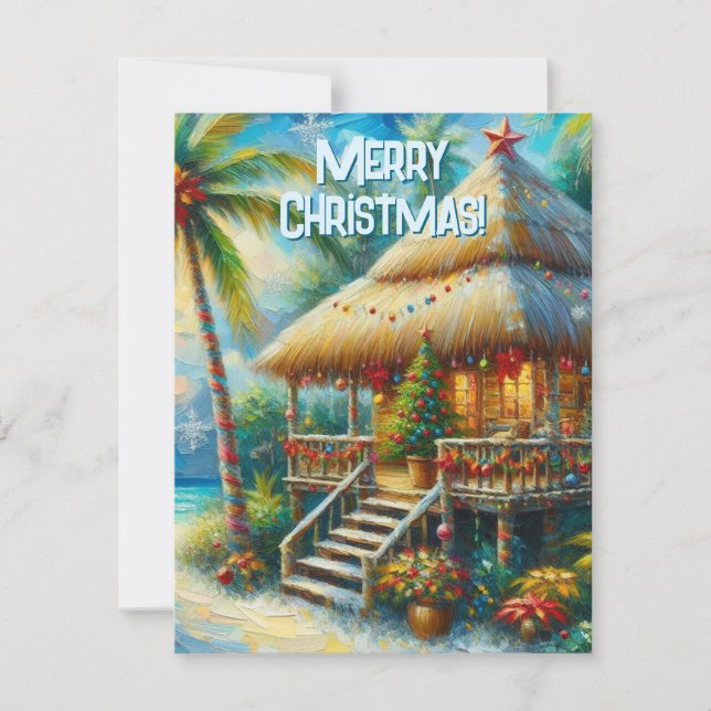 Tropical Hut Christmas Palm Tree Beach Lights  Holiday Card (Front)