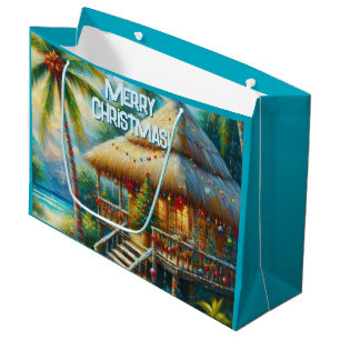 Tropical Hut Christmas Palm Tree Beach Lights Large Gift Bag