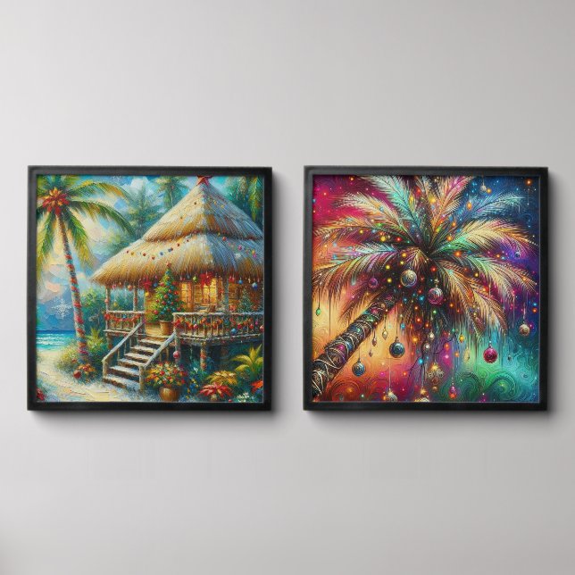 Tropical Hut Christmas Palm Tree Beach Lights  Peel And Stick Photo Tile (Front Set)