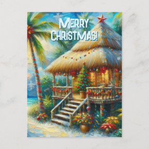 Tropical Hut Christmas Palm Tree Beach Lights  Postcard
