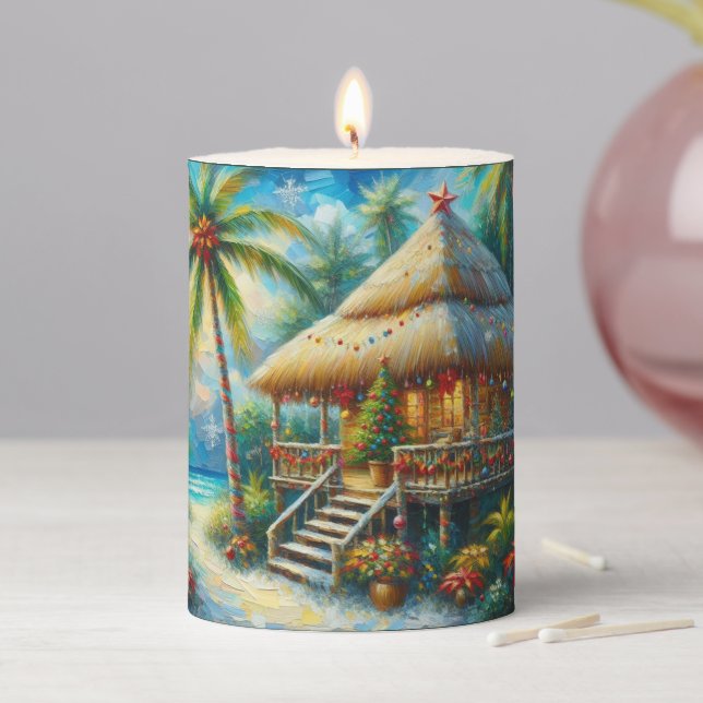 Tropical Hut Christmas Palm Tree Beach Seasonal Pillar Candle (In Situ)