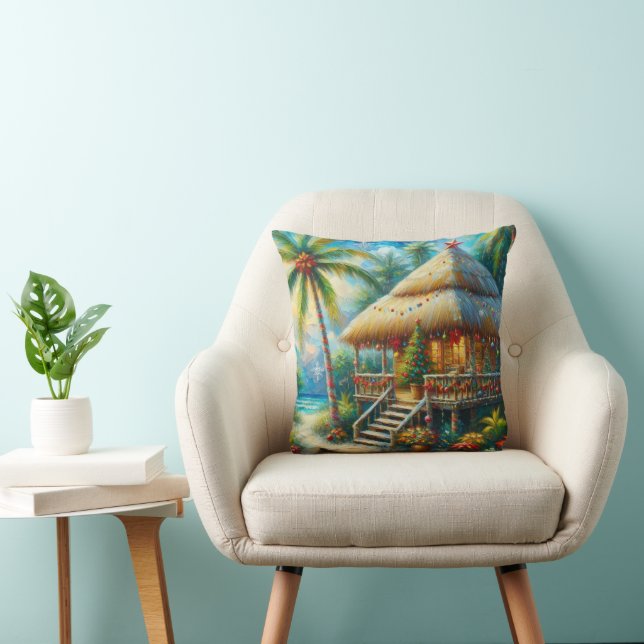 Tropical Hut Christmas Palm Tree Beach Seasonal Throw Pillow (Chair)