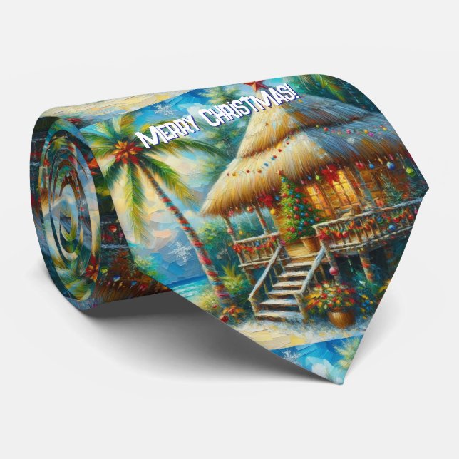 Tropical Hut Christmas Palm Tree Coastal Neck Tie (Rolled)