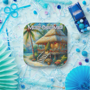 Tropical Hut Christmas Palm Tree Coastal Paper Plates
