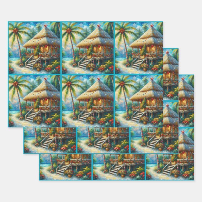 Tropical Hut Christmas Palm Tree Decoupage Wrapping Paper Sheets (Set)