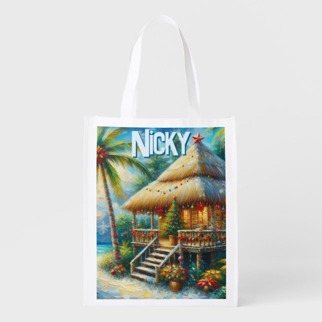 Tropical Hut Christmas Palm Tree Personalized Grocery Bag (Front)