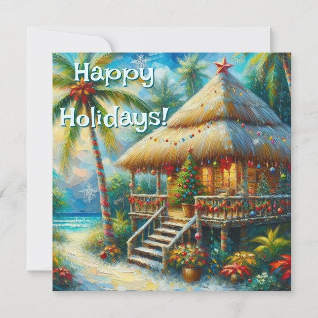 Tropical Hut Holiday – Palm Tree Lights on Beach Card (Front)