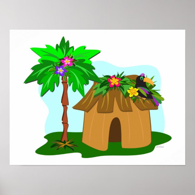 Tropical Hut, Palm Tree, and Toucan Poster (Front)