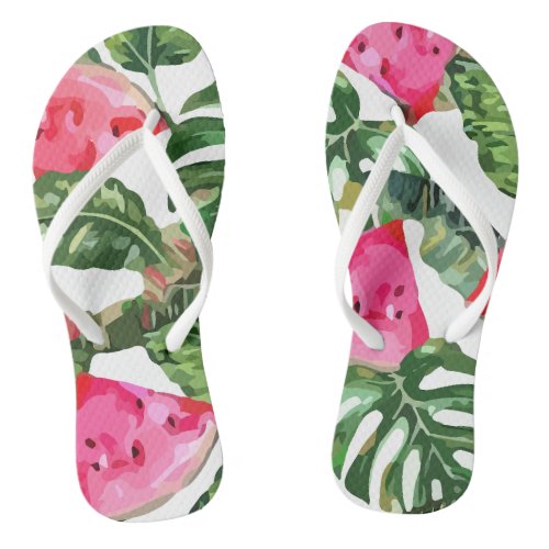 Tropical Illustration Watermelons Jungle Flip Flops