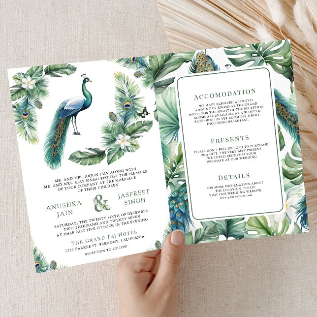 Tropical Indian Peacock Floral All in One Wedding Invitation (Creator Uploaded)