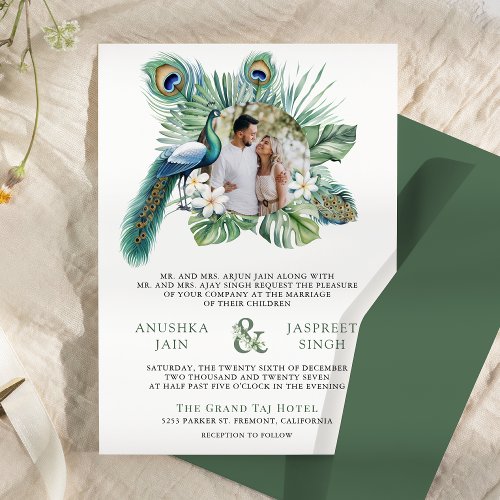 Tropical Indian Peacock Floral All in One Wedding Invitation