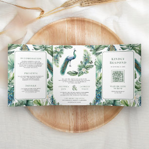 Tropical Indian Peacock Floral All in One Wedding Tri-Fold Invitation