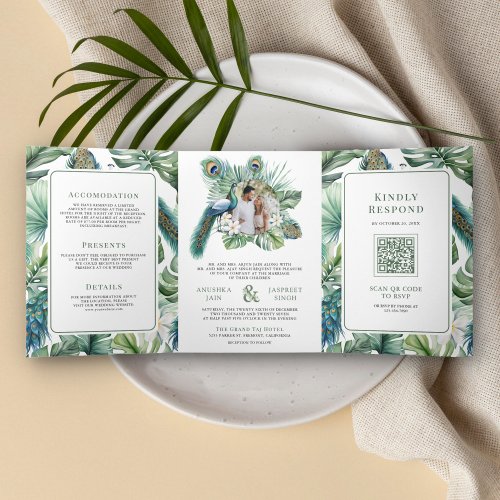 Tropical Indian Peacock Floral All in One Wedding Tri_Fold Invitation
