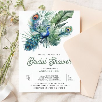 Tropical Indian Peacock Floral Bridal Shower Invitation by ShabzDesigns at Zazzle