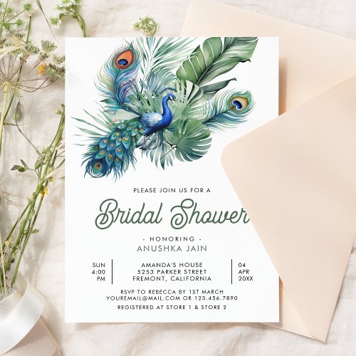 Tropical Indian Peacock Floral Bridal Shower Invitation