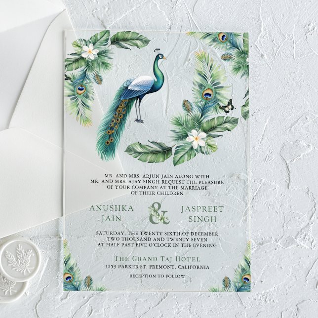 Tropical Indian Peacock Floral Wedding Acrylic Invitations (Creator Uploaded)