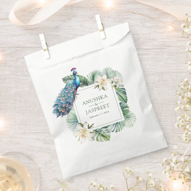 Tropical Indian Peacock Floral Wedding Favor Bag (Clipped)