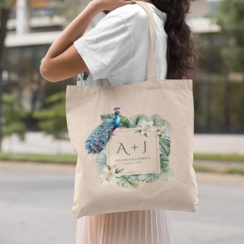 Tropical Indian Peacock Floral Wedding Monogram Tote Bag by ShabzDesigns at Zazzle
