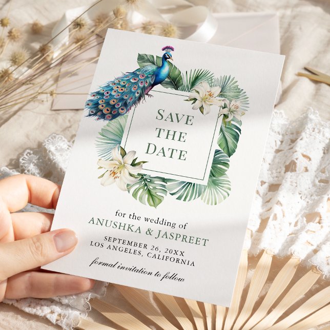 Tropical Indian Peacock Floral Wedding Save The Date (Creator Uploaded)