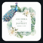 Tropical Indian Peacock Floral Wedding Square Sticker<br><div class="desc">Peacock theme wedding favor stickers featuring a beautiful peacock,  flowers and tropical leaves.</div>